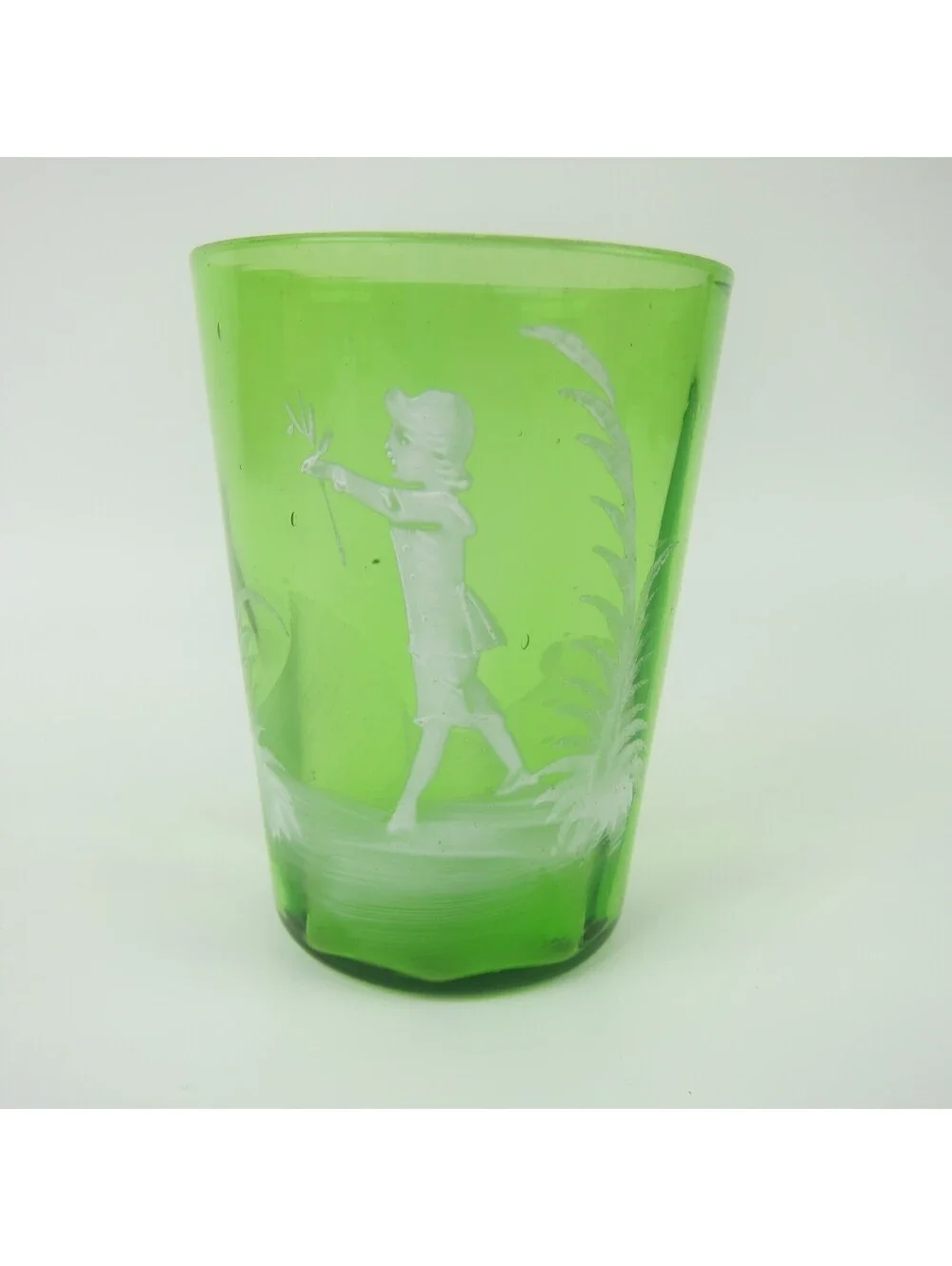 Antique Mary Gregory Green Drinking Glass Victorian Tumbler Boy Flowers 1890s